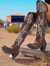 Недорогие Ковбой и западные ботинки-Женские коричневые ковбойские сапоги выше колена в стиле вестерн — ковбойские сапоги из искусственной кожи с вышивкой, острым носком и блочным каблуком для уличного стиля, повседневных нарядов на