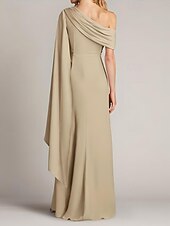 baratos Comprimento do chão-Vestido de noite elegante com bainha/coluna, sobreposição de capa, comprimento até o chão, sem mangas, um ombro só, cetim com pregas e babados, 2025