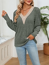 halpa Yksinkertaiset paidat-Naisten Neulos Pusero Päivittäin Tyylikäs Vapaa-aika Väripalikka Joustin V kaula-aukko Kudottu Pitsinauhat Pitkähihainen Tavalliset topit Neuloa Päivittäin Pyhäpäivä Bile Viininpunainen Musta Syksy