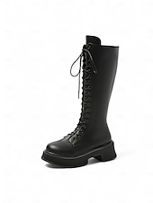 baratos Botas de combate-Botas femininas de couro sintético, cano alto, com cadarço, zíper lateral e sola plataforma grossa, calçado casual urbano