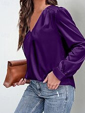 preiswerte Elegante Oberteile-Damen Hemd Bluse Einfach Modern Lässig Langarm V Ausschnitt Normale Oberteile Täglich Ferien Ausgehen Gerafft Schwarz Weiß Gelb Rosa Wein Herbst