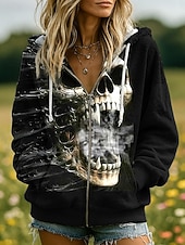 baratos Sweatshirt e Hoodie de Halloween-Mulheres Moletom com zíper Gráfico Caveiras Abóbora Moda Casual Manga Longa Com Capuz Tops regulares Rua Dia a Dia Zíper Bolsos Imprimir Preto Vermelho Laranja Marron Cinzento Primavera Outono Inverno