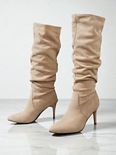 baratos Botas Slouch-Botas femininas de cano alto, estilo slouch, de camurça sintética bege, com salto agulha - calçados da moda outono para looks estilosos do dia a dia e para encontros casuais