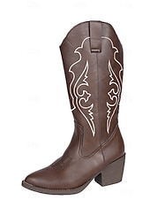 abordables Cowboy y botas occidentales-Botas vaqueras estilo western para mujer, color marrón moca, con detalles bordados en blanco y tacones de bloque, estilo bohemio estilo western.
