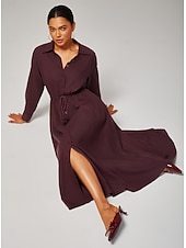 economico Abiti floreali-Abito da donna casual boho maxi a vita media in lyocell rosso vino, comodo e traspirante, con cintura regolabile