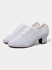 baratos Ténis de Dança-Sapatos de dança brancos com cadarço para mulheres - calçados de salão de salto grosso e brilhante com design de malha respirável para prática e performance