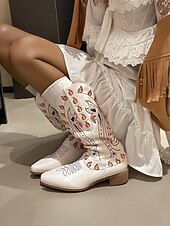 levne Cowboy &amp; Western Boots-Dámské bílé kovbojské boty v západním stylu s unikátním barevným vyšívaným designem a úzkými podpatky, obuv v bohémském západním stylu