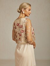 preiswerte Damen-Oberteile-Damen Schultertücher Spitzentops Blumen Elegant Dreiviertelarm Rundhalsausschnitt Champagner Sommer