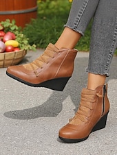abordables Bottines-Bottines compensées en similicuir marron pour femme avec fermeture éclair latérale – bottines à lacets décontractées et confortables pour le travail, le shopping et les voyages