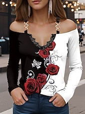 tanie Kwiatowe topy-Damskie Podkoszulek Kwiaty Zabytkowe Codzienny Długi rękaw Z odsłoniętymi ramionami Zwykłe topy Codzienny Niejednolita całość Nadruk Czarny Czerwony Pomarańczowy Lato