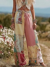 cheap Wide Leg &amp; High Waisted-Women&#039;s 3D Print Wide Leg Chinos Baggy Pants Vacation Vintage Fashion Full Length High Waist Floral Graphic Drawstring Patchwork Print Soft Breathable Inelastic Vacation Street Light Pink Dark Pink