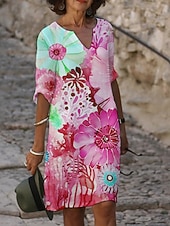 abordables Robes Floraux Imprimés-Femmes Robe Midi Robe Décontractée Robe Imprimée Mode Moderne Quotidien Plage Week-end Coupe régulière Fleuri Manche 3/4 Col ras du cou Rouge Bleu Violet Fuchsia Été Printemps Automne