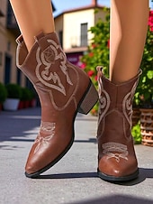 economico Stivali da cowboy e occidentali-stivali da cowboy western in pelle scamosciata marrone da donna - comodi stivali da passeggio con tacco a blocco a punta e altezza metà polpaccio per donne, stile bohémien, ideali per festival