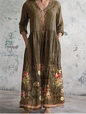 abordables Robe Fleurie-Femmes Robe Midi Robe trapèze Occasionnel Quotidien Coupe régulière Fleuri Manche 3/4 Col en V Jaune Vert foncé Marron Vert Été Printemps Automne