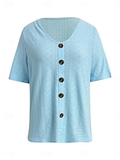 abordables Hauts en dentelle-Hauts en dentelle blancs élégants pour femmes Blouse en œillets Hauts quotidiens réguliers à manches courtes col en V Boutons Détente ample Hauts romantiques petits pour l&#039;été Vacances Blanc Rose