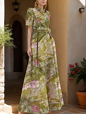 baratos Vestidos de Festa em A-Linha A Longo Vestidos de noite Vestido de Baile Vestido formal Elegante Vintage Manga Curta Colarinho de Camisa Casamento Formal Fibra Sintética com Estampa floral Fenda Bolsos