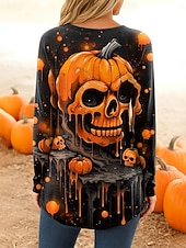 billige Halloween topper-Halloween Dame T skjorte Grafisk Hodeskaller Gresskar Årgang Stilfull Fritid Langermet Crew-hals Vanlige topper Daglig Trykt mønster Rosa Blå Oransje Grønn Grå Vår Høst