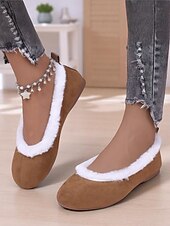 economico Ballerine da donna-scarpe basse da donna trapuntate color talpa con fodera in pelliccia sintetica: scarpe invernali calde e comode da infilare per outfit casual quotidiani