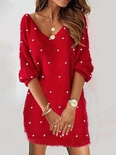 ieftine Rochii pulover-Pentru femei Rochie Mini Rochie casual Modă Clasic Modern În aer liber Vacanță Concediu Fit regulat Simplu Manșon Lung În V Roșu-aprins Vară
