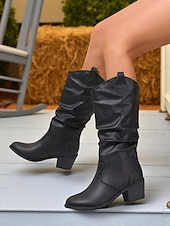 olcso Slouch Boots-női barna bő szárú, félvádrájú csizma – vastag sarkú, western stílusú csizma őszi divathoz, szabadtéri eseményekhez és hétköznapokra