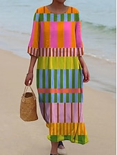 levne Pruhované a geometrické šaty-Dámské maxi šaty kaftan s 3/4 rukávy kulatým výstřihem volnočasové šaty A-linie boho denní sváteční vycházkové geometrické růžové zelené jaro podzim