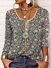 billige Boho t-skjorte-Dame Tunika T skjorte Blomstret Grafisk Geometrisk Stilfull Fritid Bohem Langermet Crew-hals Vanlige topper Daglig Ut på byen Helg Svart Rød Oransje Brun Kakifarget Høst Vinter