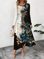 halpa Boho-mekko-Naisten Maksimekko Kotelomekko Tpaitamekko Loma Vapaa-aika Boheemi Pyhäpäivä Deitti Normaali Kukka Kuvitettu Geometrinen Pitkähihainen Tiukka pyöreä kaula-aukko Tumman sininen Kevät Syksy Talvi
