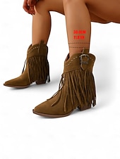 abordables Cowboy y botas occidentales-Botines de ante con flecos para mujer, ribete tachonado y hebilla estilo western, estilo vaquero bohemio.