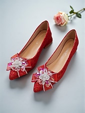 economico Formale-scarpe da sposa da donna con tacco basso e blocco in pizzo glitterato - eleganti décolleté da sposa con punta a punta e fiocco di cristalli per spose, damigelle ed eventi formali