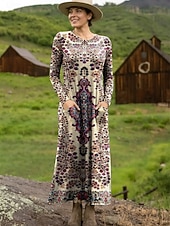 preiswerte Boho Kleid-Damen Maxikleid Etui-Kleid T-Shirt-Kleid Urlaub Lässig Boho Ferien Date Normale Passform Grafik Geometrisch Stammes Langarm Rundhalsausschnitt Schwarz Gelb Rote Leicht Braun Frühling Herbst