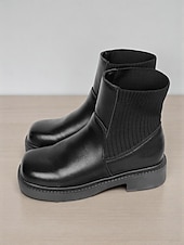 abordables Botas del Chelsea-Botines Chelsea negros para mujer: botines de piel sintética con paneles laterales elásticos para el estilo urbano, el trabajo y los looks informales de otoño.