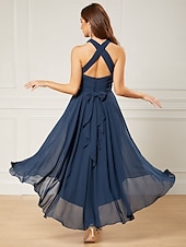 billiga Bröllopsgästklänningar-A-linjeformade Bröllops Gäst Klänningar Elegant Klänning Formal Bröllops Fest Te Längd utan Ärmar En Axlar Höst Bröllops Gäst Chiffon med Rynkning