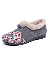economico Scarpe di Natale per Donne-scarpe slip-on da donna con fodera in pelliccia ricamata rossa e motivo floreale, calde scarpe invernali per Natale, periodo festivo e abbigliamento casual