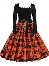 abordables Robe d&amp;#39;Halloween-Halloween Femmes Robe Midi Robe trapèze Occasionnel Quotidien Fête Coupe régulière Potiron manche longue Col carré Jaune foncé Noir Jaune Orange Été Printemps Automne
