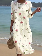 preiswerte Kunst &amp; Design Kleider-Damen Maxi Kleid Kaftan 3/4 Länge Ärmel Rundhalsausschnitt Lässiges Kleid A-Linie Kleid Boho Reguläre Passform Grafisch Geometrisch Abstrakt Gelb Pink Blau Orange Frühling Herbst