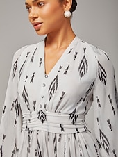 levne Květinové šaty-Dámské černobílé šifonové maxi šaty s potiskem, elegantní, se stahujícím pasem, slim fit, večírek, do práce, denně, podzim