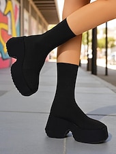 baratos Botas com salto-Botas plataforma grossas femininas – botas de cano curto pretas de malha elástica com bico redondo para streetwear, looks casuais e moda outono