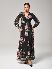 economico Abiti da festa-Abito per invitati in chiffon con volant floreale e maxi scollo a V. Abito per invitati