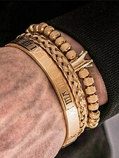 economico Gioielli da uomo-set di bracciali da uomo in acciaio inossidabile dorato: bracciale a 3 pezzi con corona di perline, polsino intrecciato e bracciale con numeri romani per abiti alla moda, feste e occasioni speciali