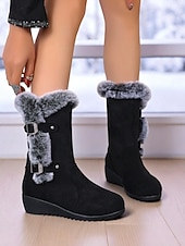 זול מגפי שלג וחורף-מגפי חורף שחורים לנשים עד אמצע השוק - מגפי שלג עם בטנת פרווה רכה, עקב טריז נגד החלקה, נעלי טרקים וטיולים חמות