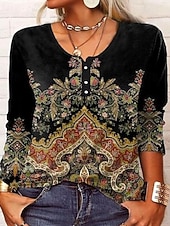 billige Boho t-skjorte-Dame Tunika T skjorte Blomstret Grafisk Geometrisk Stilfull Fritid Bohem Langermet Crew-hals Vanlige topper Daglig Ut på byen Helg Svart Rød Oransje Brun Kakifarget Høst Vinter