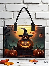 tanie Torby-damska torba na Halloween z motywem dyni i nawiedzonego domu — duża, wielokrotnego użytku torba na zakupy z kieszenią na zamek i wytrzymałymi uchwytami, w stylu gotyckim, idealna na „cukierek albo psikus”, imprezy kostiumowe i do codziennego użytku