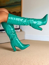 preiswerte Modische Stiefel-Grüne kniehohe Kunstlederstiefel für Damen – Stiefel mit spitzer Zehenpartie und Blockabsatz für Streetstyle im Herbst und Winter, tägliche Ausflüge und Urlaubsmode