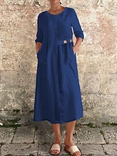 abordables robes imprimées en coton et lin-Femmes Robe Midi Robe Décontractée Robe en coton et lin Basique Moderne Quotidien Week-end Coupe régulière Uni Manche 3/4 Col ras du cou Noir Blanche Jaune Rouge Été Printemps Automne
