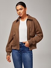 economico Cappotti &amp; Trench-giacca da donna in finta pelle scamosciata con cerniera, collo con revers, finiture a costine, chiusura con cerniera, tasche foderate, casual, elegante, per tutti i giorni, autunno