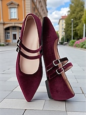 levne Dámské boty s plochou podrážkou-Dámské vínové sametové balerínky s dvojitým páskem a špičatou špičkou – retro elegantní boty na vánoční večírky, sváteční akce a slavnostní setkání