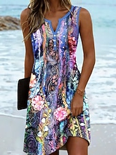 olcso Virágos ruhák-Női mini ruha laza ruha napernyő nyári ruha elegáns laza vakáció mindennapi szabadidő szokásos szabás virágos grafikus boho paisley damaszt ujjatlan V nyakú fuchsiaszín nyár tavasz