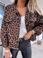 billige Skjorte jakker-Dame Uformell jakke Bekvem Pustende Knapper Trykt mønster Fritid Leopard Feriereise Gate Avslappet Dagligdagstøy Enkeltkneppet Kort Høy krage Normal Langermet Yttertøy Leopard Sommer Vår