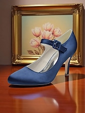voordelige Cocktail-Champagnekleurige satijnen Mary Jane-hakken voor dames met kristallen gesp, elegante pumps met puntige neus voor cocktailparty&#039;s
