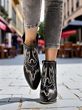 levne Cowboy &amp; Western Boots-Dámské kovbojské kotníkové boty v západním stylu s vyšívanými detaily, módní boty na blokovém podpatku pro běžné nošení ve městě